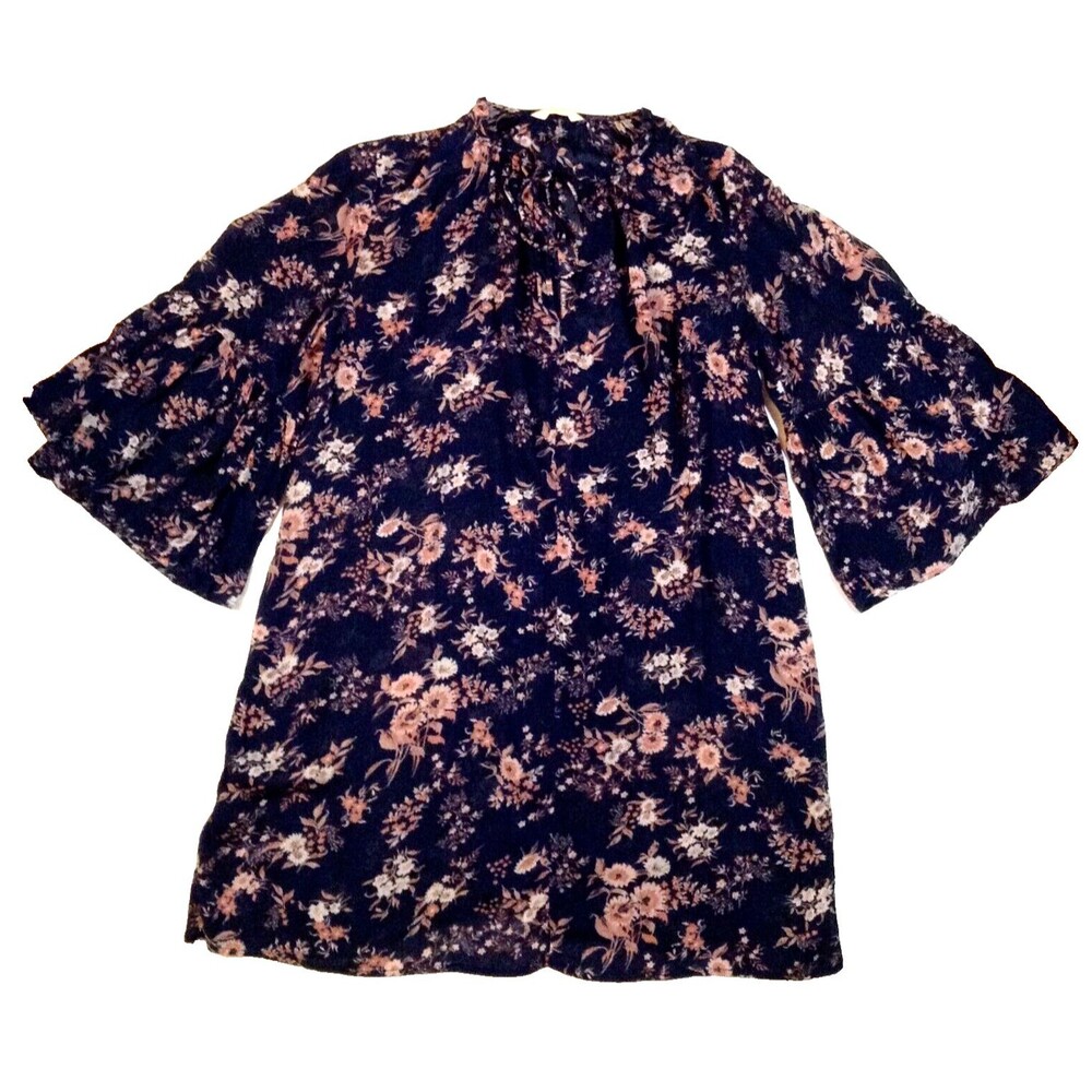 Lucky Brand Dress S Navy Floral Midi Sheer Bell Sleeves Boho Cottage Babydoll